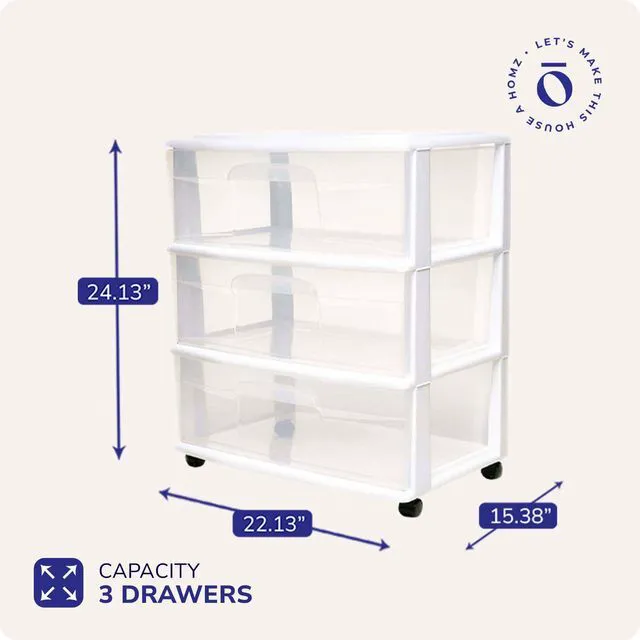 Alt view image 3 of 7 - Drawer Tower, 3-Tier Storage Cart with Removable Wheels, White Frame Wide Plastic Organizer with Clear Bin Drawers for Bedroom, Bathroom, Home Office, and Dorm Rooms