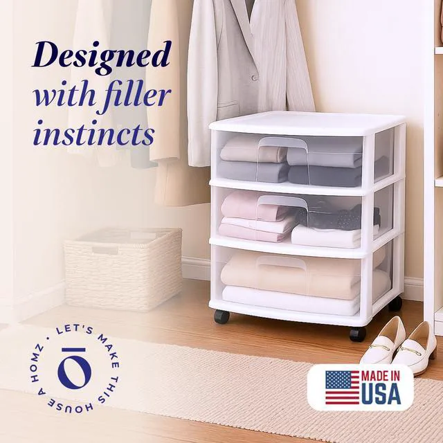 Alt view image 4 of 7 - Drawer Tower, 3-Tier Storage Cart with Removable Wheels, White Frame Wide Plastic Organizer with Clear Bin Drawers for Bedroom, Bathroom, Home Office, and Dorm Rooms