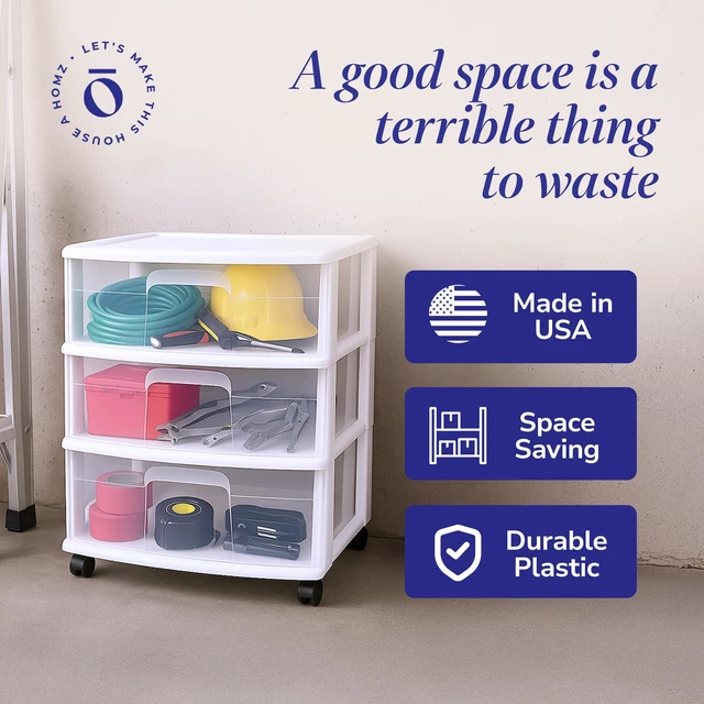 Alt view image 6 of 7 - Drawer Tower, 3-Tier Storage Cart with Removable Wheels, White Frame Wide Plastic Organizer with Clear Bin Drawers for Bedroom, Bathroom, Home Office, and Dorm Rooms