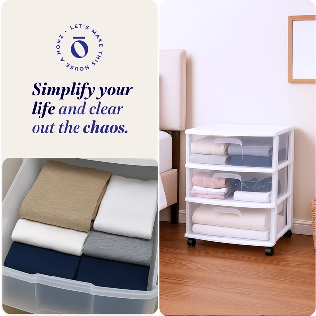 Alt view image 7 of 7 - Drawer Tower, 3-Tier Storage Cart with Removable Wheels, White Frame Wide Plastic Organizer with Clear Bin Drawers for Bedroom, Bathroom, Home Office, and Dorm Rooms