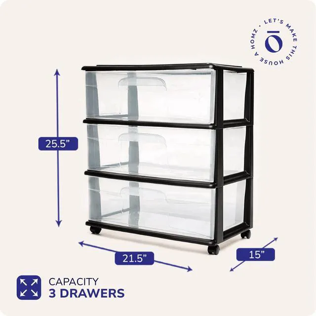 Alt view image 2 of 7 - Drawer Tower, 3-Tier Storage Cart with Removable Wheels, White Frame Wide Plastic Organizer with Clear Bin Drawers for Bedroom, Bathroom, Home Office, and Dorm Rooms
