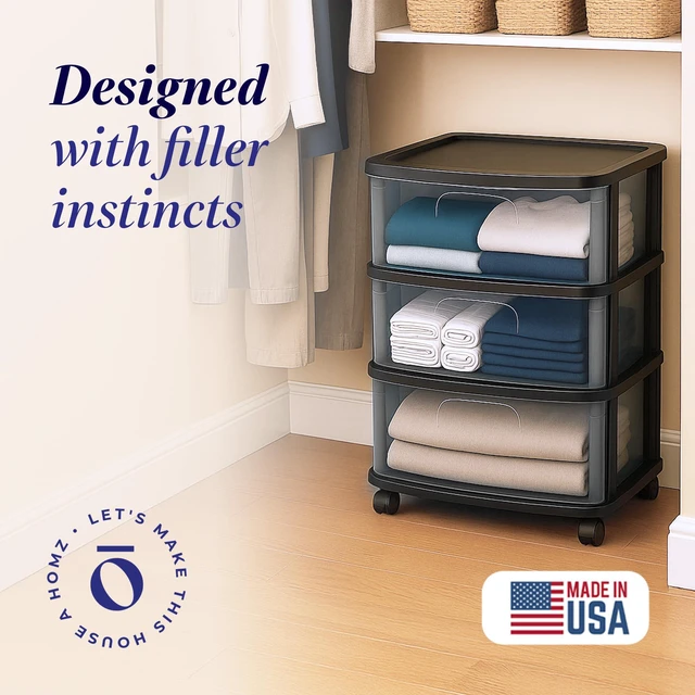 Alt view image 3 of 7 - Drawer Tower, 3-Tier Storage Cart with Removable Wheels, White Frame Wide Plastic Organizer with Clear Bin Drawers for Bedroom, Bathroom, Home Office, and Dorm Rooms