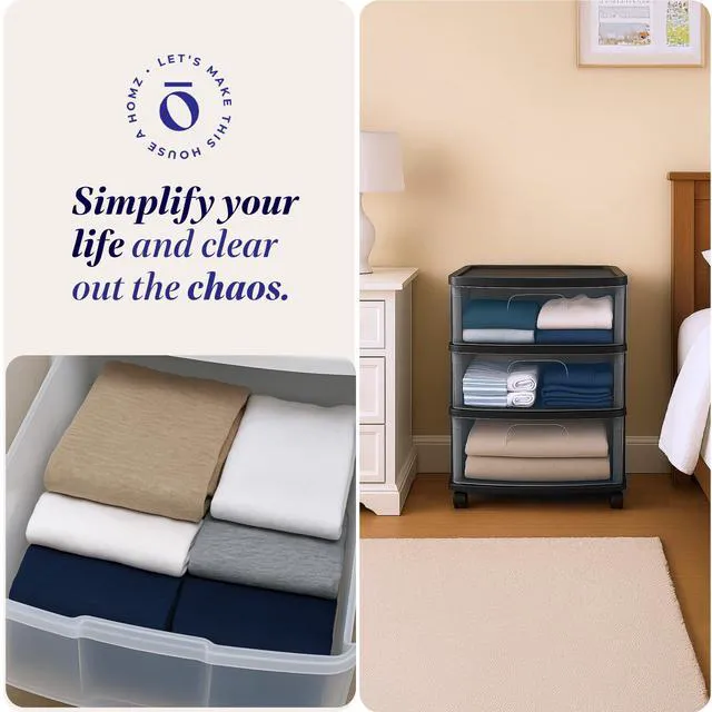 Alt view image 5 of 7 - Drawer Tower, 3-Tier Storage Cart with Removable Wheels, White Frame Wide Plastic Organizer with Clear Bin Drawers for Bedroom, Bathroom, Home Office, and Dorm Rooms