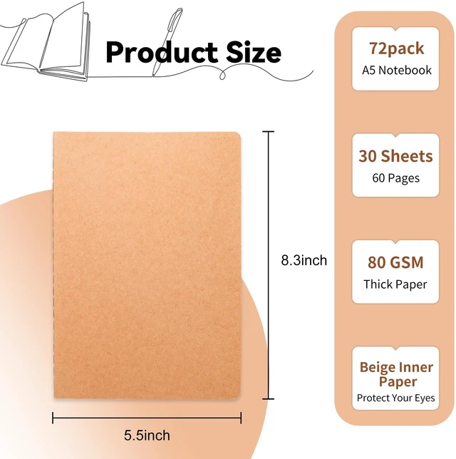 Alt view image 2 of 6 - 72 Pack Blank Kraft Notebooks, 8.3x5.5 Inches A5 Small Journals Bulk Blank Notebooks 80 Gsm Unlined with 60 Pages A5 Subject Notebooks Traveler Journal Set for Adult Students Back to School Supplies