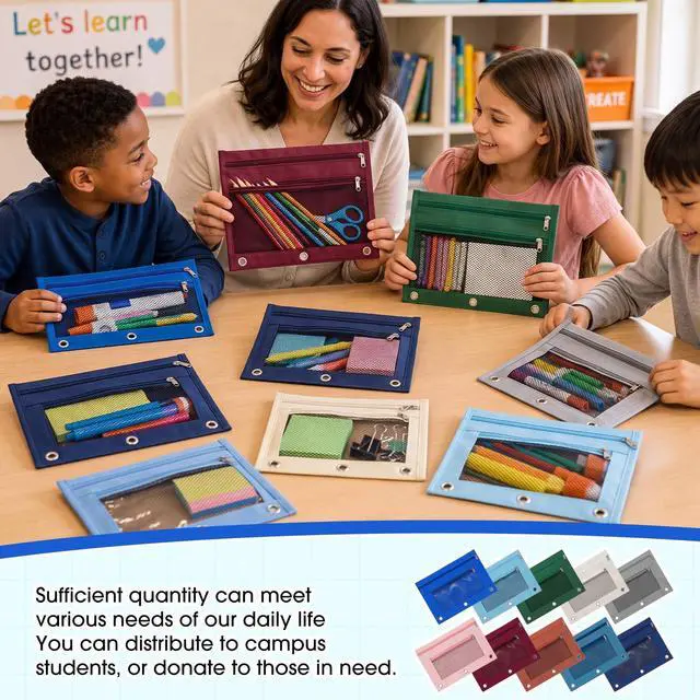 Alt view image 2 of 7 - 100 Pcs Classroom Binder Pencil Pouches, Vibrant Color, 2 Zipper 3 Ring Binder Zipper Pencil Pouches, Mesh Layer Pencil Bags Bulk, Pencils Pouches for Students, Back to School Pen Bags