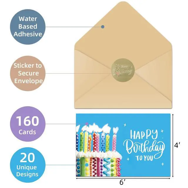 Alt view image 2 of 6 - 160 Happy Birthday Cards with Envelopes, Birthday Cards Bulk with Short Generic Message Inside, 20 Unique Designs, 4x6 inches, Birthday Cards Assortment for Business and Personal