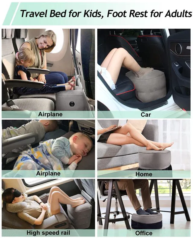 Alt view image 5 of 7 - Inflatable Foot Rest Pillow, Kids Airplane Bed, Adjustable Height Leg Rest Pillow, Airplane Travel Essentials Great for Airplane, Office, Home, Trains, Cars(Grey)
