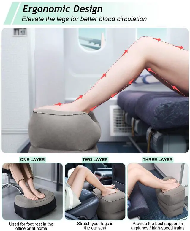 Alt view image 6 of 7 - Inflatable Foot Rest Pillow, Kids Airplane Bed, Adjustable Height Leg Rest Pillow, Airplane Travel Essentials Great for Airplane, Office, Home, Trains, Cars(Grey)