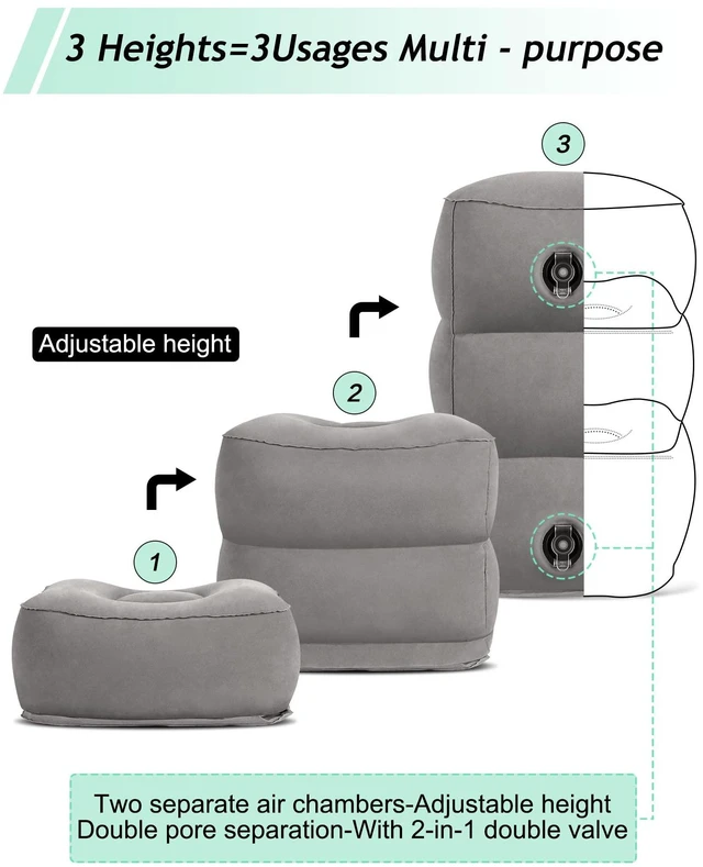 Alt view image 7 of 7 - Inflatable Foot Rest Pillow, Kids Airplane Bed, Adjustable Height Leg Rest Pillow, Airplane Travel Essentials Great for Airplane, Office, Home, Trains, Cars(Grey)