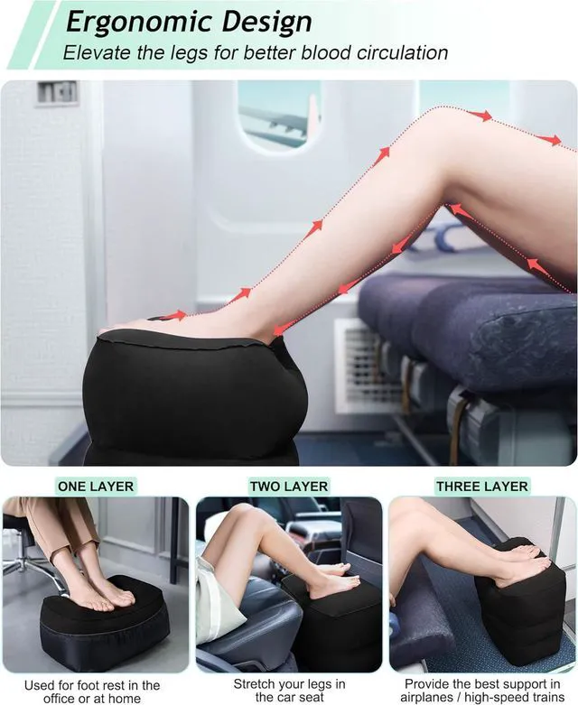 Alt view image 2 of 7 - Inflatable Travel Foot Rest Pillow, Kids Airplane Bed, Adjustable 3 Layers Height Leg Rest Pillow, Adults Travel Essentials Great for Airplane, Office, Home, Trains, Cars (Black)