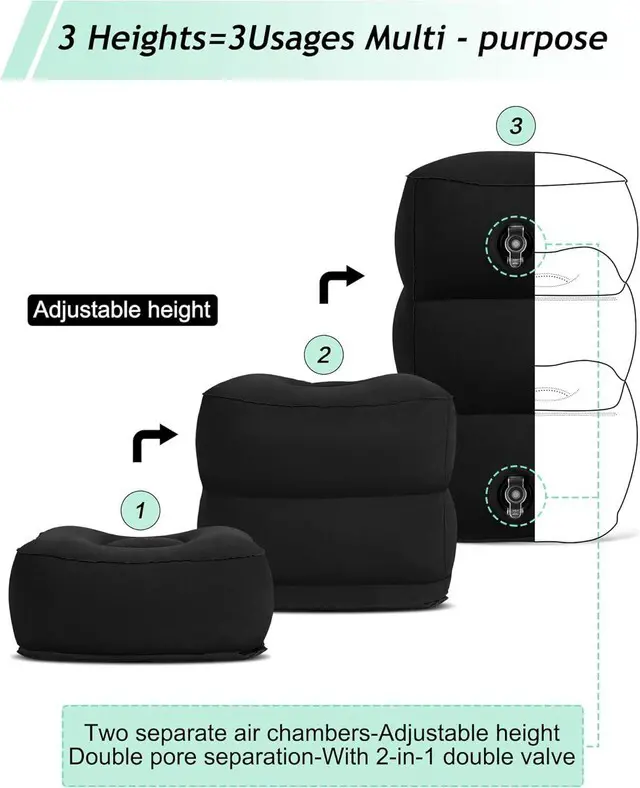 Alt view image 3 of 7 - Inflatable Travel Foot Rest Pillow, Kids Airplane Bed, Adjustable 3 Layers Height Leg Rest Pillow, Adults Travel Essentials Great for Airplane, Office, Home, Trains, Cars (Black)