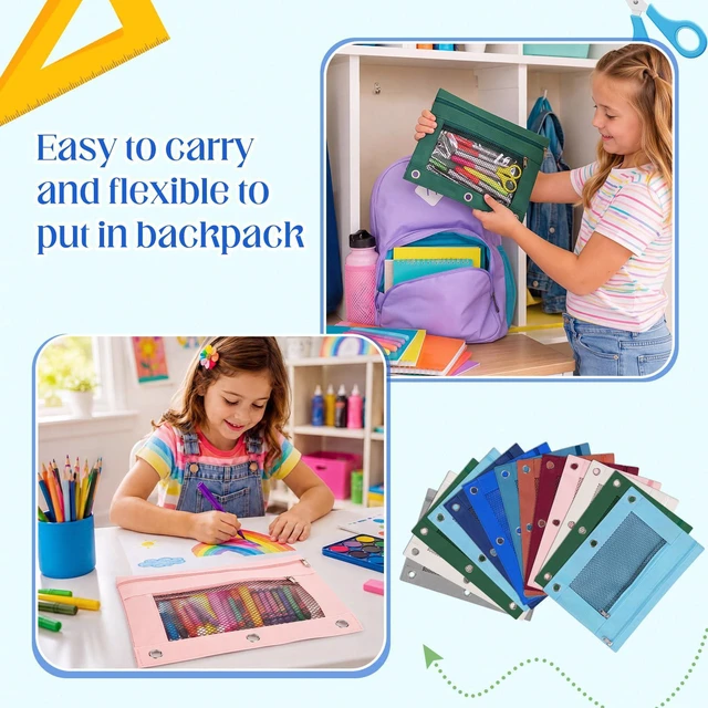 Alt view image 5 of 7 - 100 Pcs Classroom Binder Pencil Pouches, Vibrant Color, 2 Zipper 3 Ring Binder Zipper Pencil Pouches, Mesh Layer Pencil Bags Bulk, Pencils Pouches for Students, Back to School Pen Bags