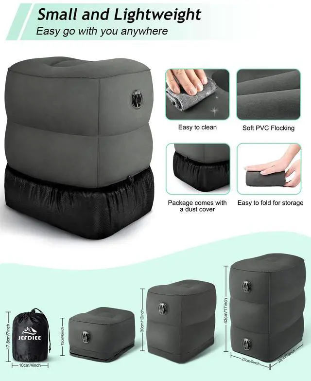 Alt view image 3 of 7 - Inflatable Travel Foot Rest Pillow, Kids Airplane Bed, Adjustable 3 Layers Height Leg Rest Pillow, Adults Travel Essentials Great for Airplane, Office, Home, Trains, Cars (Dark Grey)