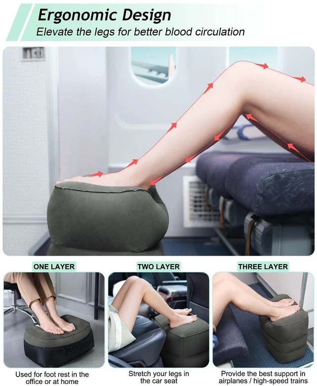 Alt view image 4 of 7 - Inflatable Travel Foot Rest Pillow, Kids Airplane Bed, Adjustable 3 Layers Height Leg Rest Pillow, Adults Travel Essentials Great for Airplane, Office, Home, Trains, Cars (Dark Grey)