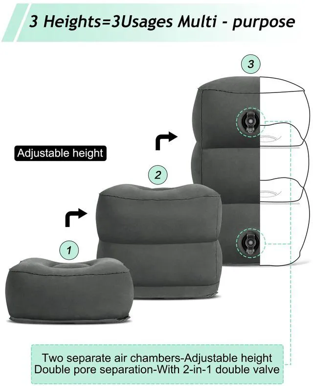 Alt view image 5 of 7 - Inflatable Travel Foot Rest Pillow, Kids Airplane Bed, Adjustable 3 Layers Height Leg Rest Pillow, Adults Travel Essentials Great for Airplane, Office, Home, Trains, Cars (Dark Grey)