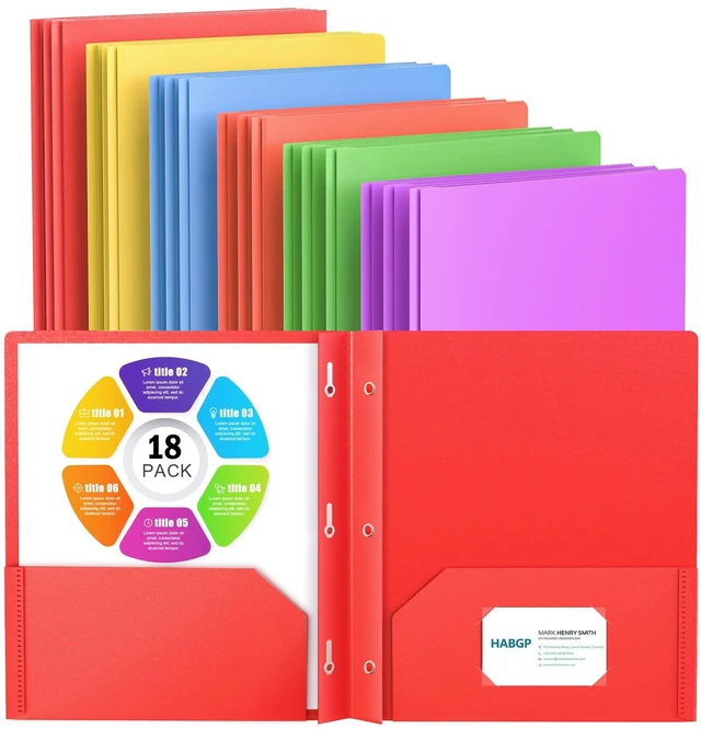 Main image of 18 Folders with Pockets and Prongs, 2 Pocket 3 Prong Folder, Plastic Folder 18 Pack, 6 Bright Colors, Business Card Holder, Heavy Duty File Folders, for Documents, Business, Office, School Supplies