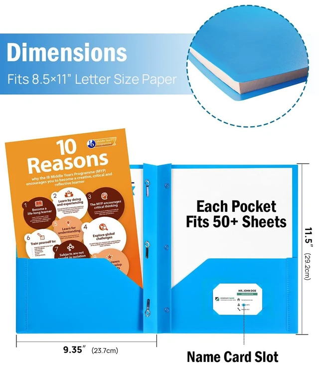 Alt view image 2 of 7 - 12 Folders with Pockets and Prongs, 2 Pocket 3 Prong Folder, Plastic Folder 12 Pack, 6 Bright Colors, Business Card Holder, Heavy Duty File Folders, for Documents, Business, Office, School Supplies