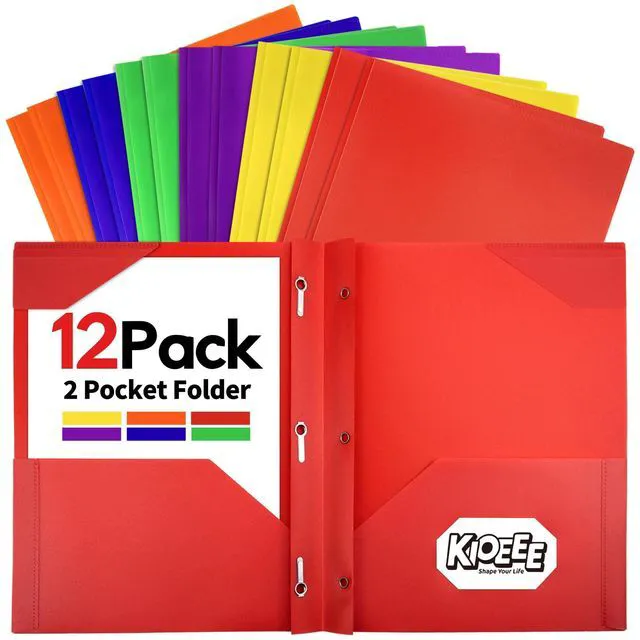 Main image of 12-Pack Plastic Folders with 2 Pockets, 1/3 Cut Pockets Fit Letter Size Paper, Heavy Duty 3 Prong Folder with Business Card Slot Colored for Back to School, Office & Home