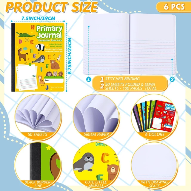 Alt view image 3 of 6 - 6 Pcs Primary Composition Notebook K-2 Picture Space, 6 Color Primary Journal, Grades K-2, Animal Print, 50 Sheet (100 Pages), Drawing and Writing Notebook for Preschool, 1st 2nd Grade