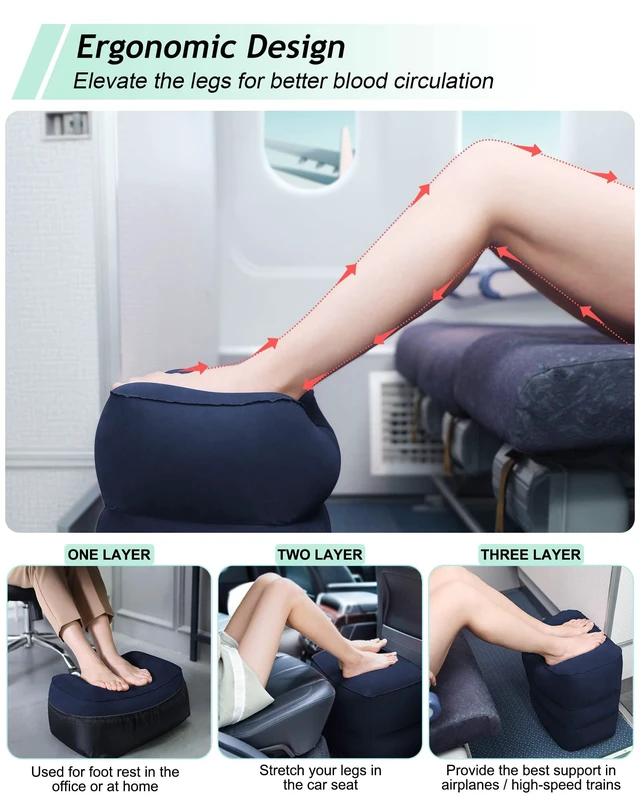 Alt view image 4 of 7 - Inflatable Travel Foot Rest Pillow, Kids Airplane Bed, Adjustable 3 Layers Height Leg Rest Pillow, Adults Travel Essentials Great for Airplane, Office, Home, Trains, Cars (Blue)