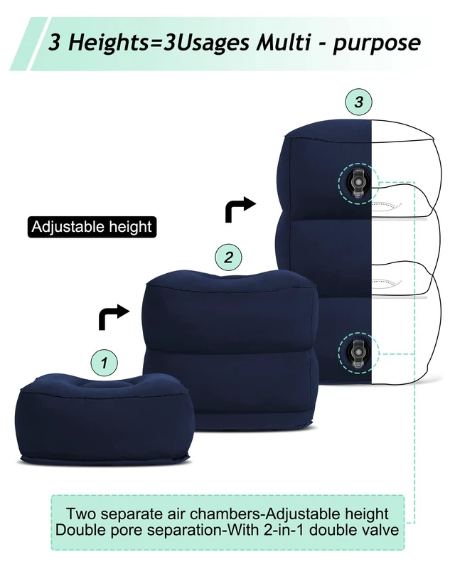 Alt view image 5 of 7 - Inflatable Travel Foot Rest Pillow, Kids Airplane Bed, Adjustable 3 Layers Height Leg Rest Pillow, Adults Travel Essentials Great for Airplane, Office, Home, Trains, Cars (Blue)