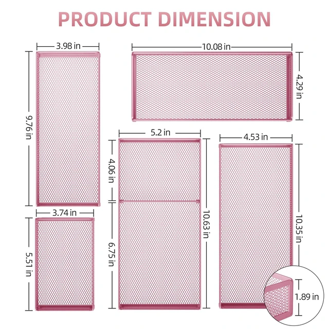 Alt view image 2 of 7 - 5 Pack Desk Drawer Organizer Set, Mesh Drawer Storage Trays with 1 Adjustable Divider, Desk Organizers and Accessories, 5 PCS Drawer for Office Supplies, Makeup & Vanity (Pink)