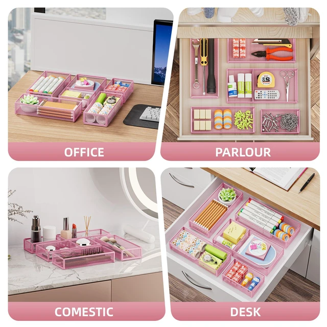 Alt view image 3 of 7 - 5 Pack Desk Drawer Organizer Set, Mesh Drawer Storage Trays with 1 Adjustable Divider, Desk Organizers and Accessories, 5 PCS Drawer for Office Supplies, Makeup & Vanity (Pink)