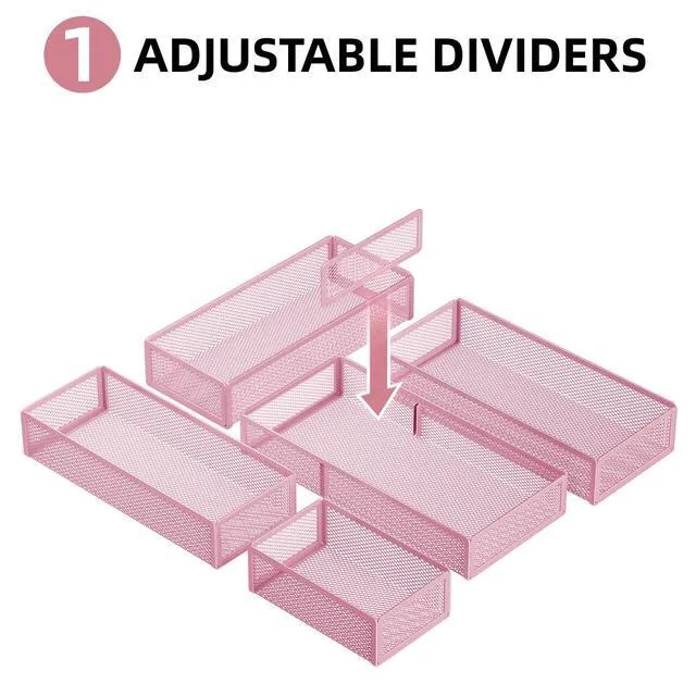 Alt view image 4 of 7 - 5 Pack Desk Drawer Organizer Set, Mesh Drawer Storage Trays with 1 Adjustable Divider, Desk Organizers and Accessories, 5 PCS Drawer for Office Supplies, Makeup & Vanity (Pink)