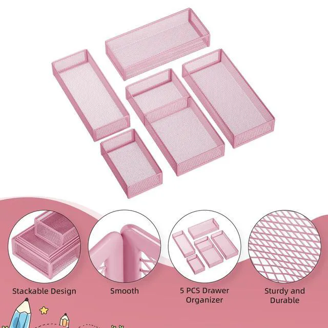 Alt view image 5 of 7 - 5 Pack Desk Drawer Organizer Set, Mesh Drawer Storage Trays with 1 Adjustable Divider, Desk Organizers and Accessories, 5 PCS Drawer for Office Supplies, Makeup & Vanity (Pink)