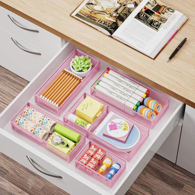 Alt view image 6 of 7 - 5 Pack Desk Drawer Organizer Set, Mesh Drawer Storage Trays with 1 Adjustable Divider, Desk Organizers and Accessories, 5 PCS Drawer for Office Supplies, Makeup & Vanity (Pink)