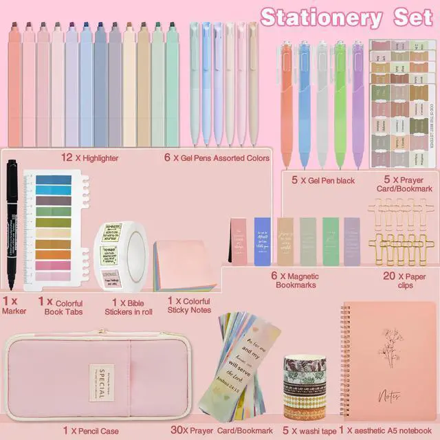 Alt view image 3 of 7 - 96-Piece Bible Study Supplies, Bible Journaling Kit for Women Bible journaling supplies with highlighters, gel pens, tabs, journal, bookmarks, stickers, washi tape, clips and pencil case