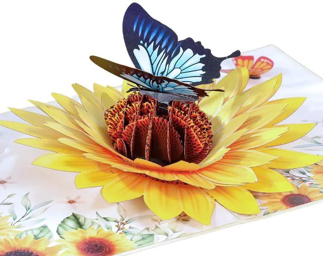 Main image of Sunflower & Butterfly Pop Up Mothers Day Card, 3D Popup Birthday Card 6x 8, Ideal Gift for Mother's Day, Anniversary, Valentine's, Thank You, All Occasion for Women, Wife, Mom, Grandma, Her