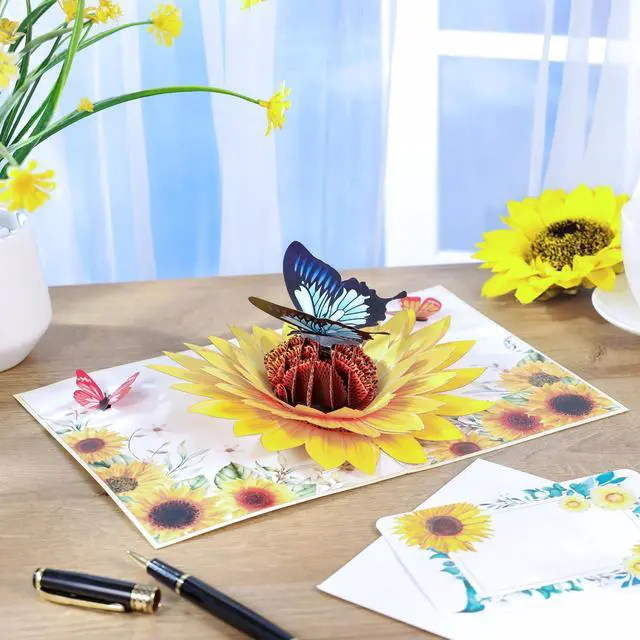Alt view image 2 of 6 - Sunflower & Butterfly Pop Up Mothers Day Card, 3D Popup Birthday Card 6x 8, Ideal Gift for Mother's Day, Anniversary, Valentine's, Thank You, All Occasion for Women, Wife, Mom, Grandma, Her