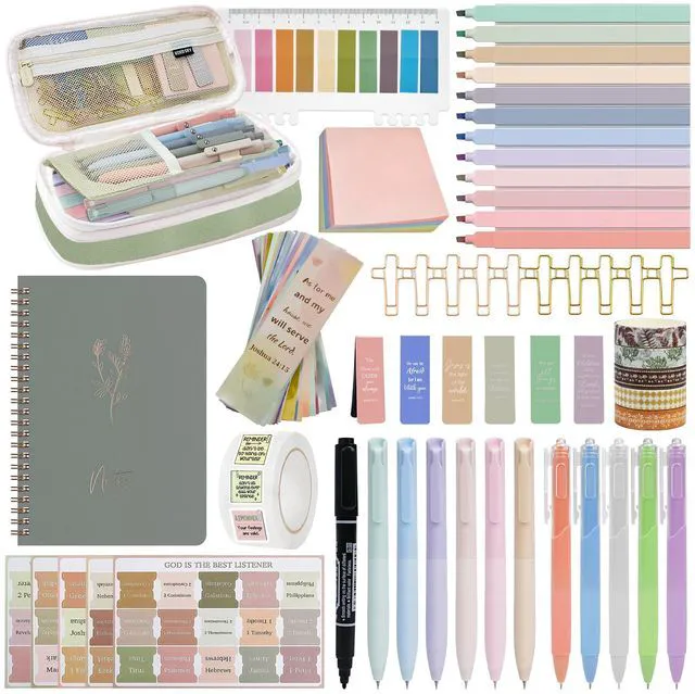 Main image of 96-Piece Bible Study Supplies, Journaling Kit for Women, Green Bible journaling supplies with highlighters, gel pens, tabs, journal, bookmarks, stickers, washi tape, clips and pencil case
