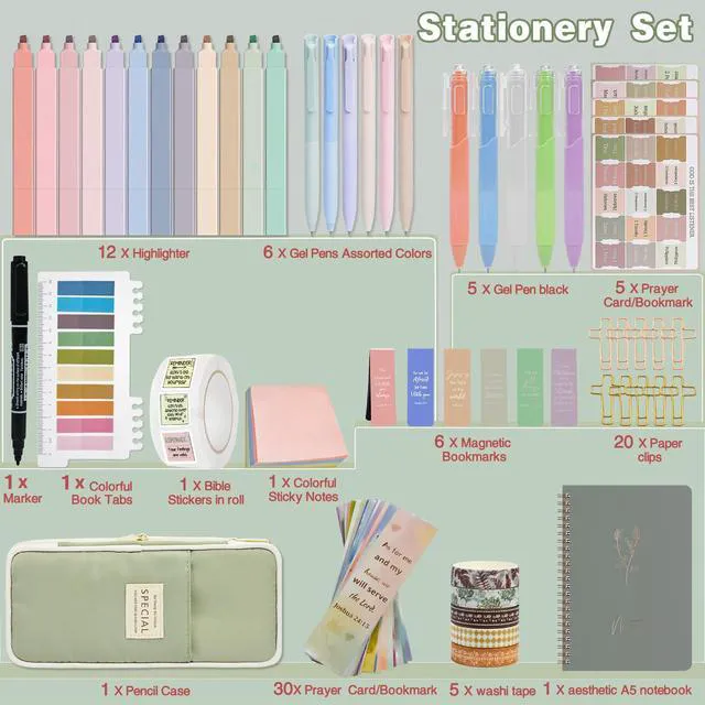 Alt view image 2 of 7 - 96-Piece Bible Study Supplies, Journaling Kit for Women, Green Bible journaling supplies with highlighters, gel pens, tabs, journal, bookmarks, stickers, washi tape, clips and pencil case