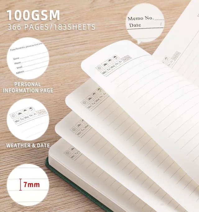Alt view image 4 of 6 - Lined Journal Notebook 365 Pages, A5 Leather Journals for Writing Women Men Hardcover Notebook with 100GSM Thick Paper, Daily Journal Notebook for Travel, Work, School, Note Taking, College Ruled