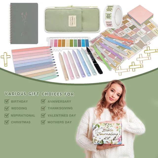 Alt view image 7 of 7 - 96-Piece Bible Study Supplies, Journaling Kit for Women, Green Bible journaling supplies with highlighters, gel pens, tabs, journal, bookmarks, stickers, washi tape, clips and pencil case