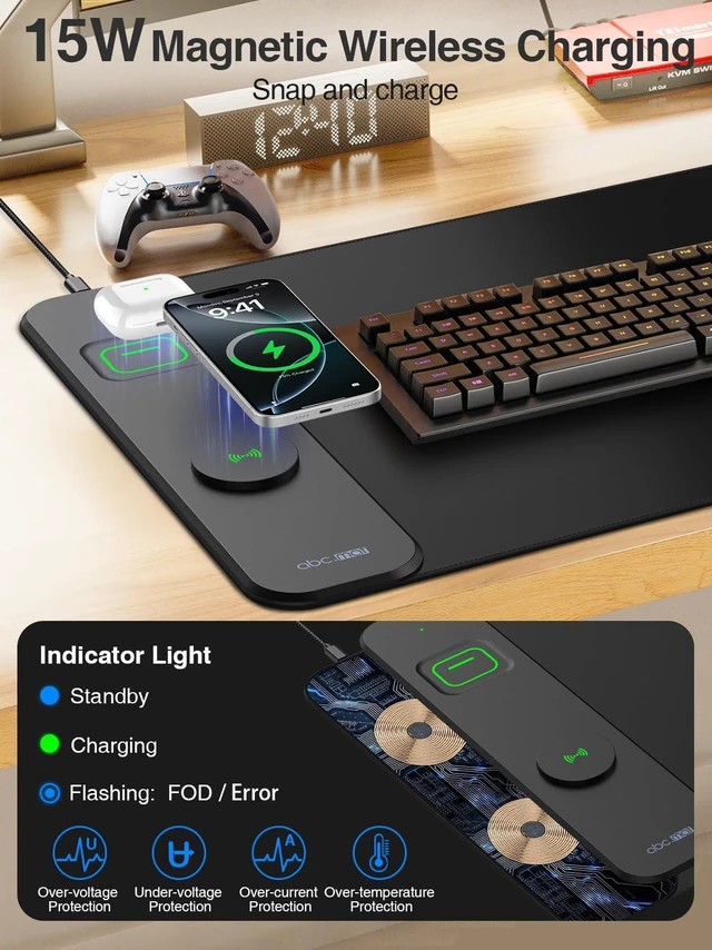 Alt view image 2 of 7 - Magnetic Wireless Charging Mouse Pad, 31.5"x15.8" Large Desk Mat Waterproof Mousepad, Smooth Glide, Stitched Edge, Non-Slip Rubber Base, Desk Pad Computer Keyboard Mat, No Adapter