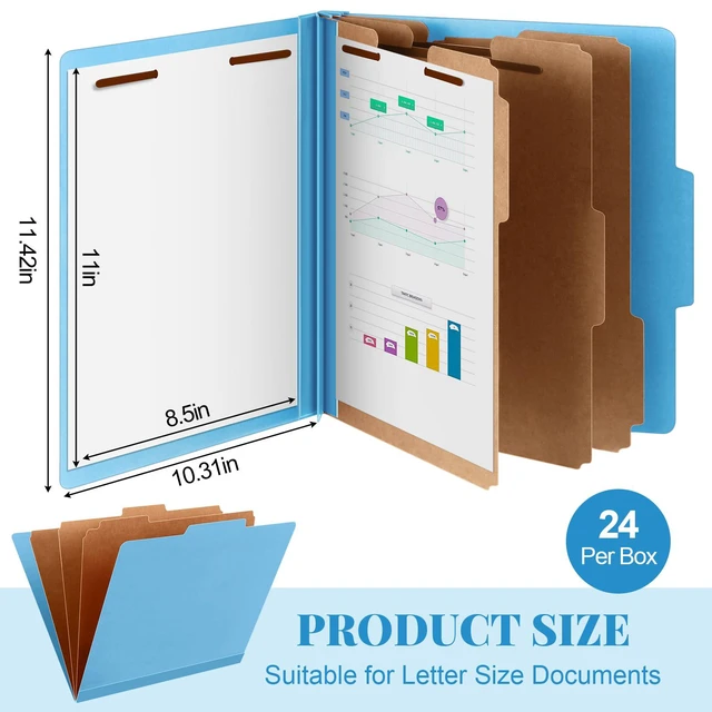 Alt view image 2 of 6 - 24 Pcs Classification Folder Letter Size, 3 Divider File,Blue Back to School Folder Supplies, Pressboard File with Fastener, Expanding Organizer Bulk for Teacher, Office, Employee, Staff