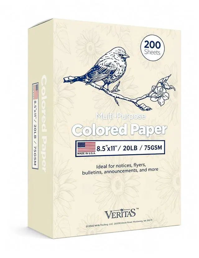 Main image of Veritas Colored Copy Paper, Cream Multi-Purpose paper,Colored Printer Paper 8.5 x 11, 20 lb / 75 GSM, Cream,200 Sheet, Made in USA