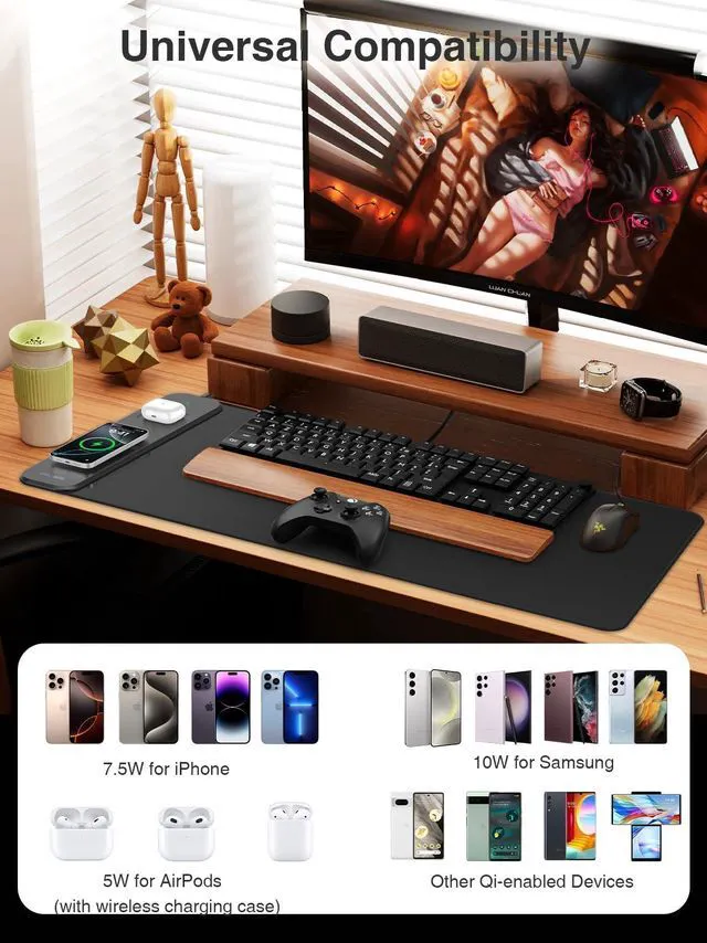 Alt view image 3 of 7 - Magnetic Wireless Charging Mouse Pad, 31.5"x15.8" Large Desk Mat Waterproof Mousepad, Smooth Glide, Stitched Edge, Non-Slip Rubber Base, Desk Pad Computer Keyboard Mat, No Adapter