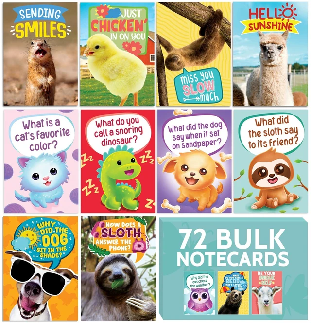 Main image of 72 Funny Animal Notecard Set with Envelopes and Stickers - 4.5 x 6.25 Humorous Thinking of You Cards - Unique Designs with No Repeats Ideal for Kids, Teachers, Summer Camp, and More