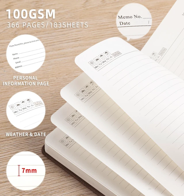 Alt view image 4 of 7 - Lined Journal Notebook 365 Pages, A5 Leather Journals for Writing Women Men Hardcover Notebook with 100GSM Thick Paper, Daily Journal Notebook for Travel, Work, School, Note Taking, College Ruled