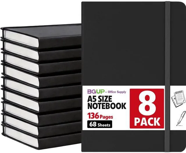 Main image of 8 Pack Lined Journal Notebook for Work, A5 Hardcover (5.5" x 8.3"), Black 136 Pages Medium College Ruled Notebook Bulk, for Writing, Note Taking, Business Work School Home