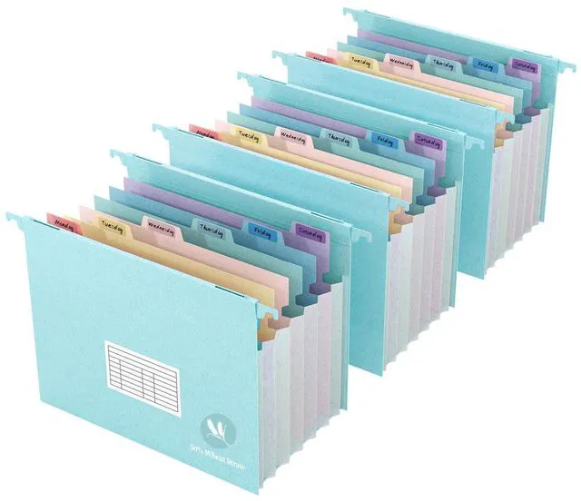 Main image of Expanding Hanging File Folders for Filing Cabinet, 7 Accordion Pockets Filing Cabinet Organizer, 1.2'' Expandable, Multi-Color Tabs, Letter Size, 50% Wheat Straw, 3 Pack (Pastel Blue)