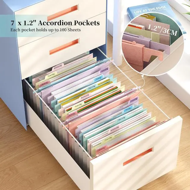 Alt view image 3 of 7 - Expanding Hanging File Folders for Filing Cabinet, 7 Accordion Pockets Filing Cabinet Organizer, 1.2'' Expandable, Multi-Color Tabs, Letter Size, 50% Wheat Straw, 3 Pack (Pastel Blue)