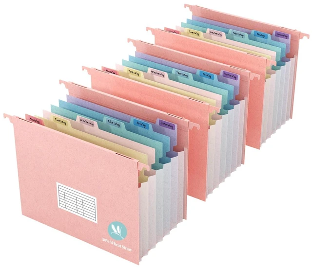 Main image of Expanding Hanging File Folders for Filing Cabinet, 7 Accordion Pockets, 1.2'' Expandable, Multi-Color Tabs, Letter Size, 50% Wheat Straw, 3 Pack (Pastel Pink)