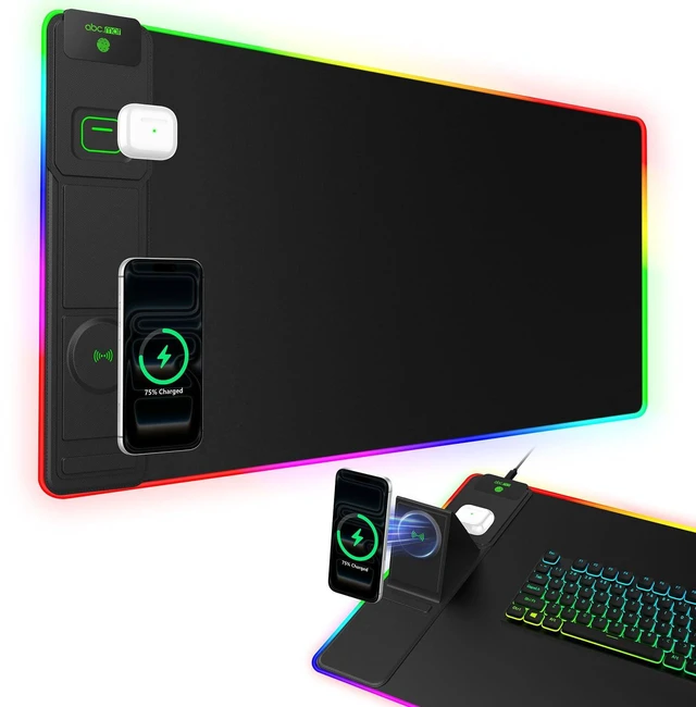 Main image of XXL RGB LED Gaming Mouse Pad with Magnetic Wireless Charger & Foldable Phone Holder, 31.5"x15.8" Extended Ultra-Smooth Desk Mat, 25 Lighting Effects, Non-Slip Base