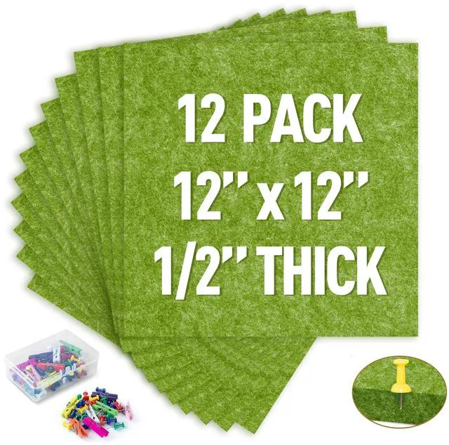 Main image of Cork Bulletin Board 12x12, 1/2" Thick Felt Cork Board Tiles 12 Pack, Small Square Pin Board for Wall, Self Adhesive Corkboards with 120 Push Pin Wood Clips for School, Home & Office, Green