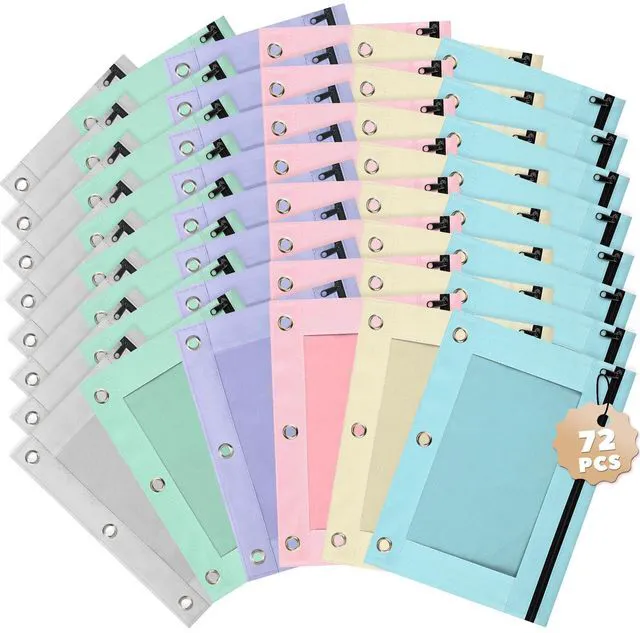 Main image of Pencil Pouch for 3 Ring Binder 72 Pack, Pastel Binder Pen Bags Bulk with Zipper, Aesthetic 3 Holes Pencil Holder Organizer for Boy Girl Kids School Student, Reinforced Grommets & Clear Window